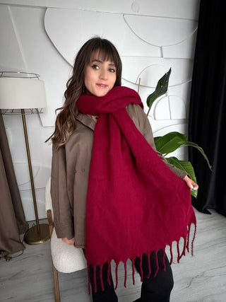 Bordo Peluş Pinterets Puf Şal